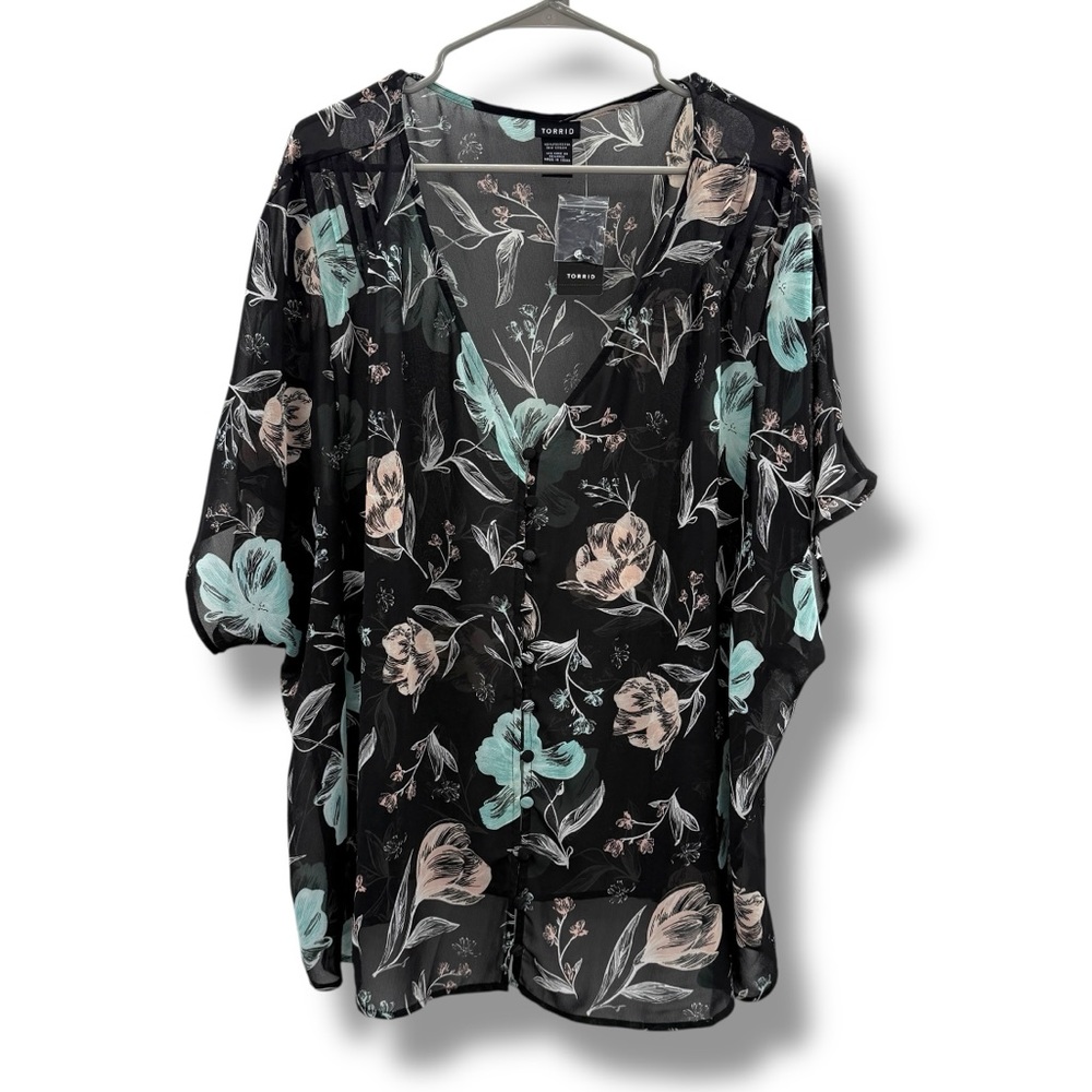 Torrid NWT Floral Kimono Top Women’s‎ Size 3X Black Sheer Lightweight Layer